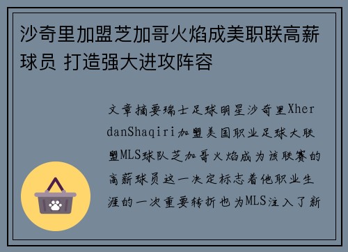 沙奇里加盟芝加哥火焰成美职联高薪球员 打造强大进攻阵容