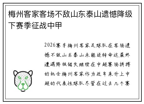 梅州客家客场不敌山东泰山遗憾降级下赛季征战中甲