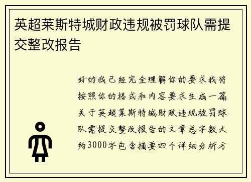 英超莱斯特城财政违规被罚球队需提交整改报告